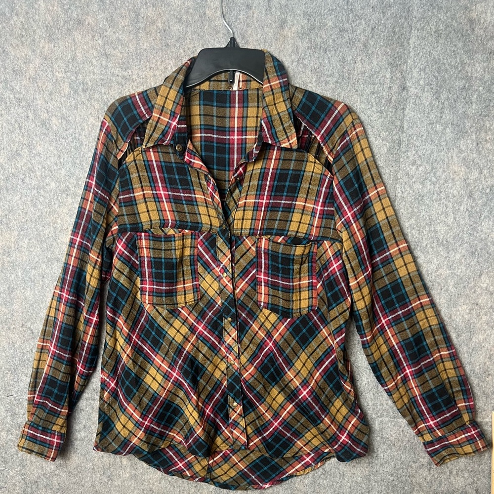 Free People Woman’s Small Boho Grunge Shoulder Cut Out Plaid Flannel shirt